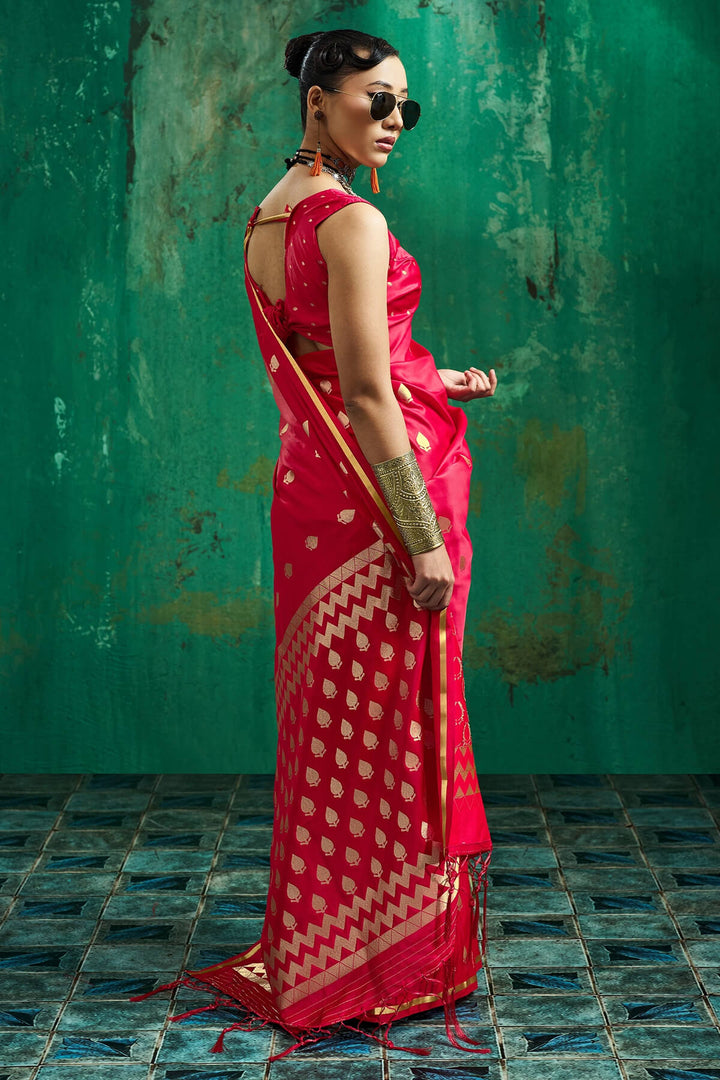 Rose Red Zari woven Banarasi Satin silk saree