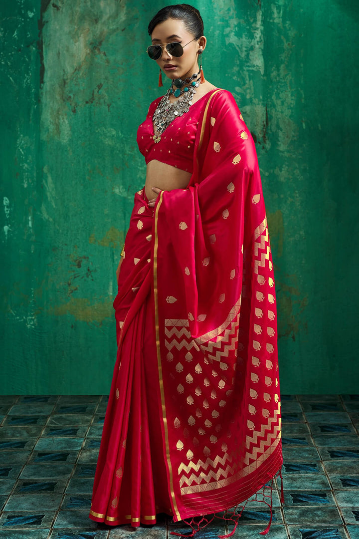 Rose Red Zari woven Banarasi Satin silk saree