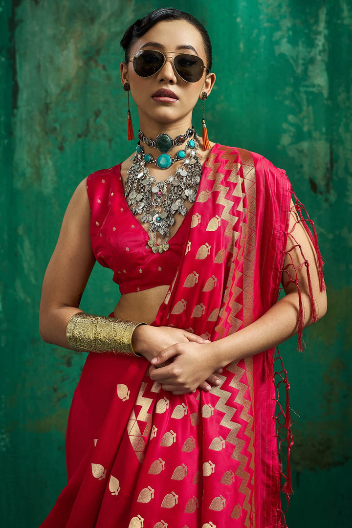 Rose Red Zari woven Banarasi Satin silk saree