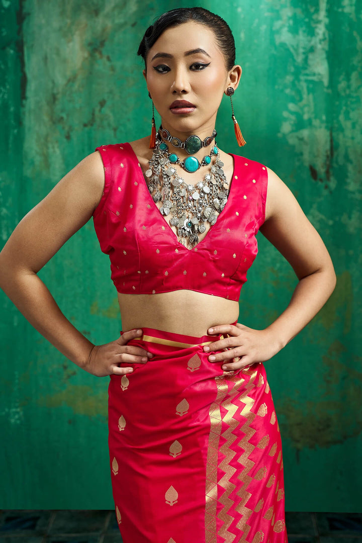 Rose Red Zari woven Banarasi Satin silk saree