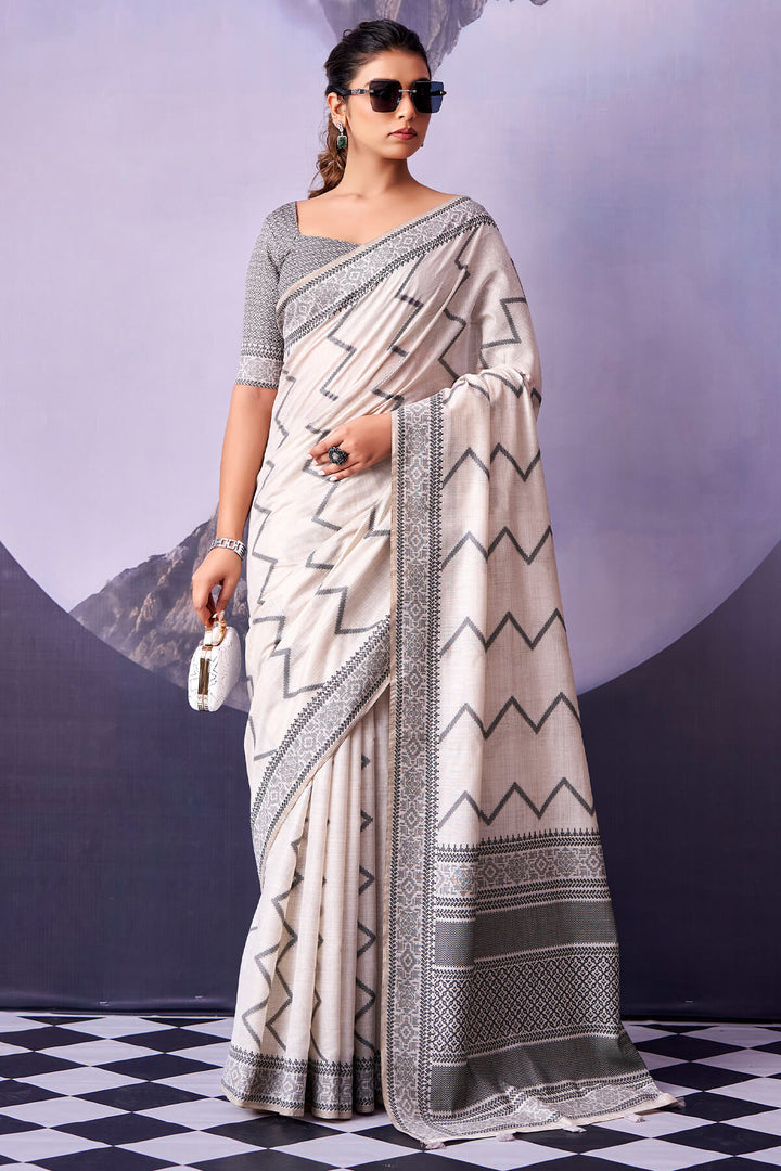Rose White and Black Cotton Silk Saree