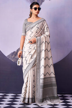 Rose White and Black Cotton Silk Saree