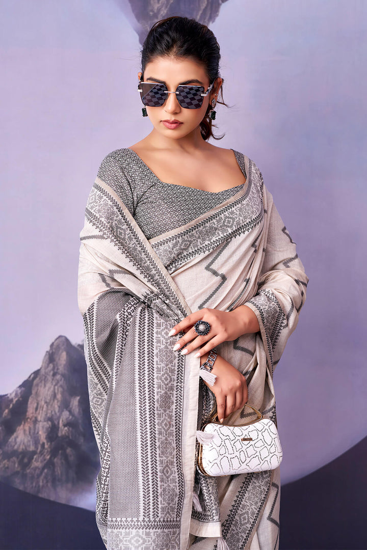 Rose White and Black Cotton Silk Saree