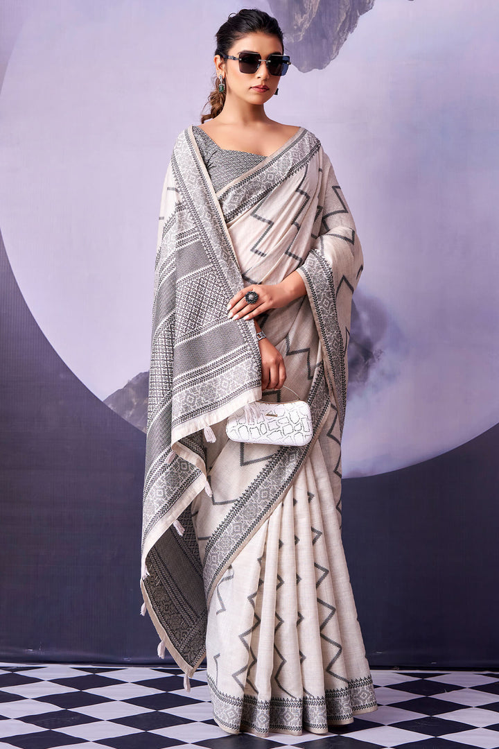 Rose White and Black Cotton Silk Saree