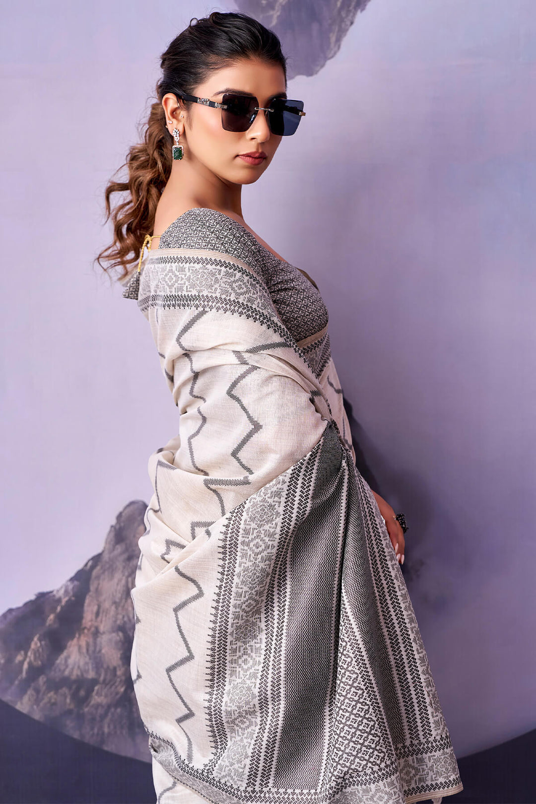 Rose White and Black Cotton Silk Saree