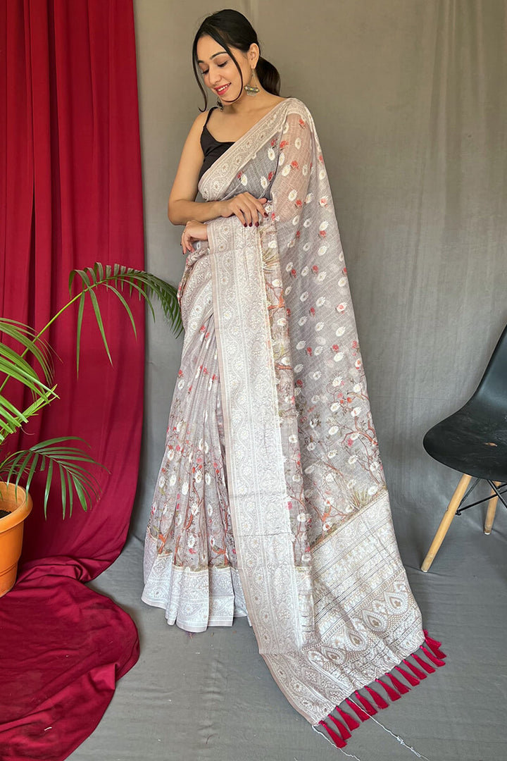 Rose White Lucknowi Cotton Silk Saree