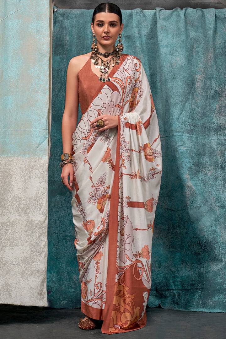 Rose White Printed Crape Silk Saree