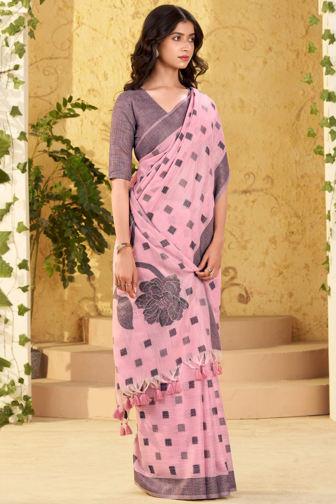 Rosette Pink Linen Silk Saree