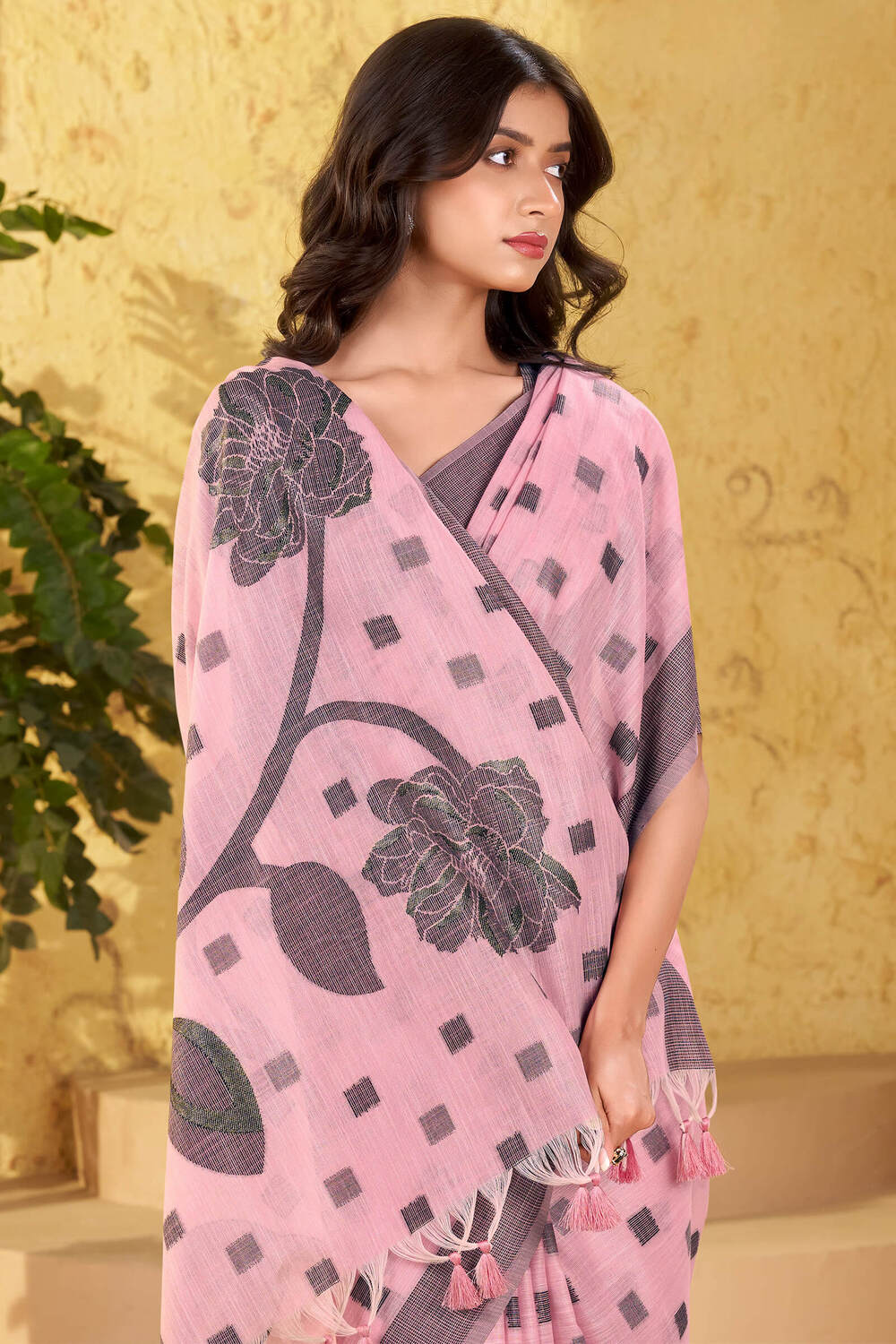Rosette Pink Linen Silk Saree