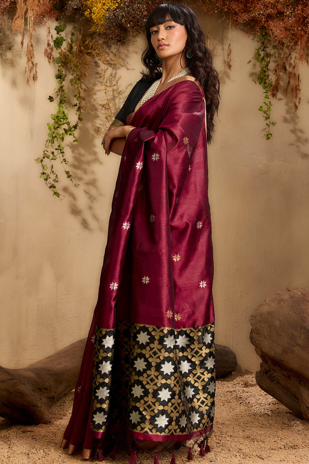 Rosewood Maroon Woven Tussar Silk Saree