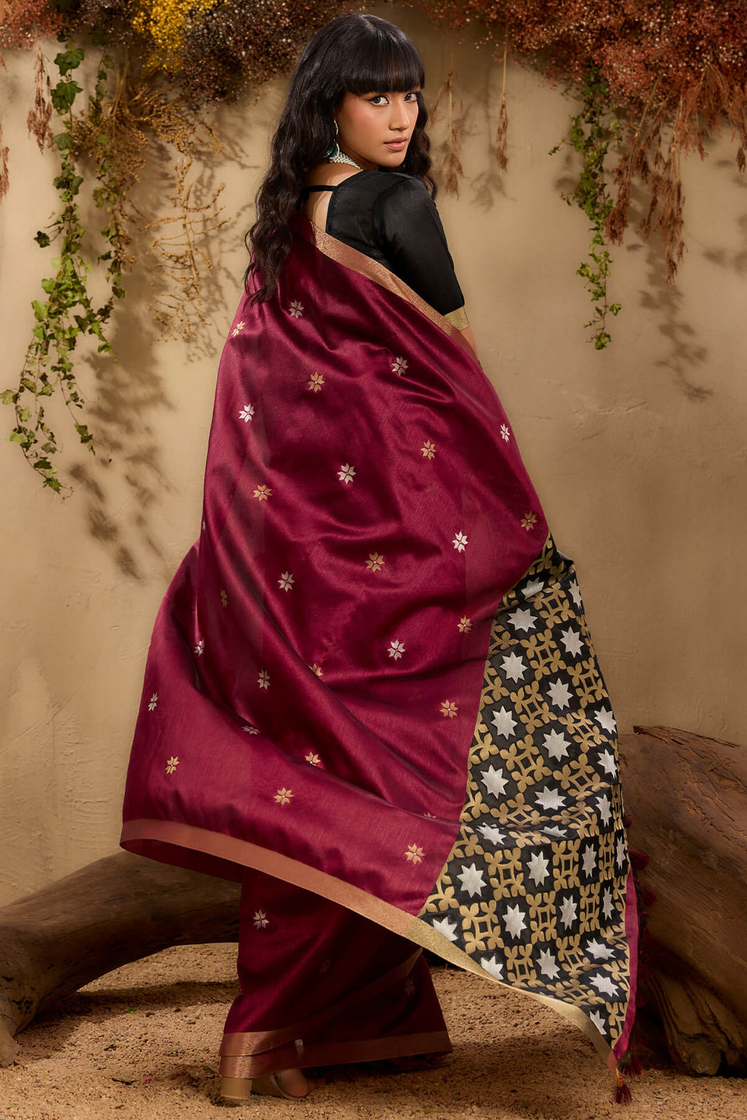 Rosewood Maroon Woven Tussar Silk Saree