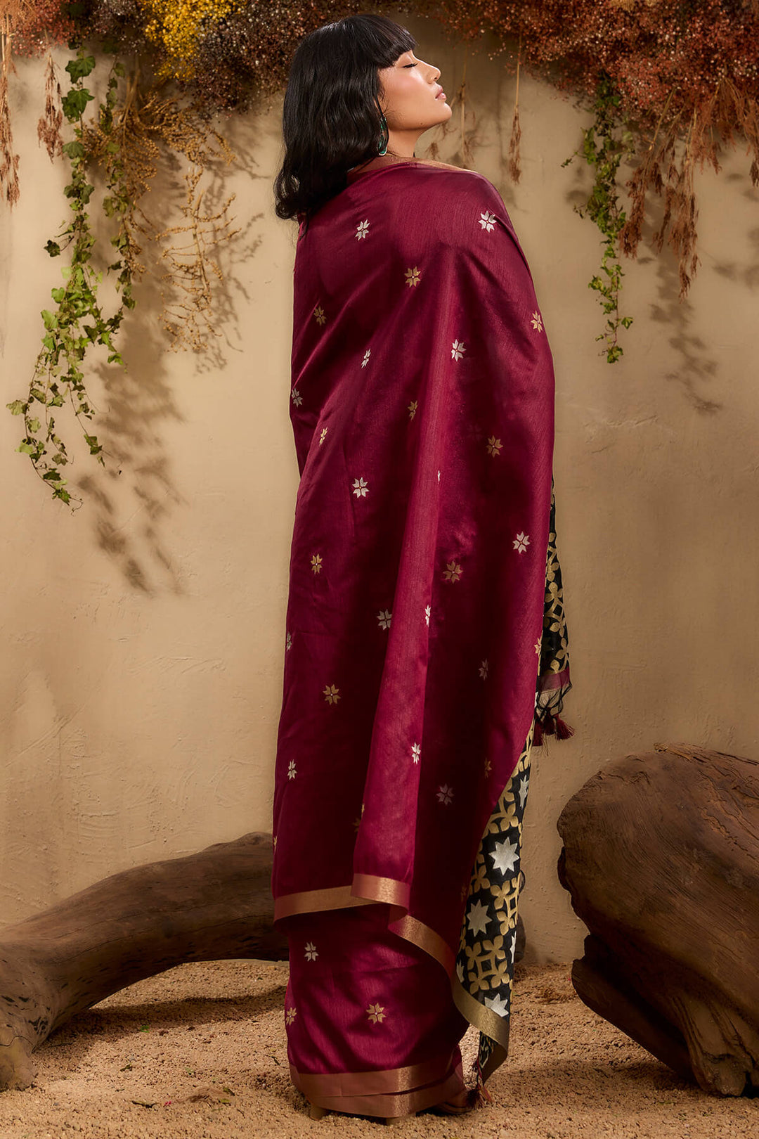 Rosewood Maroon Woven Tussar Silk Saree