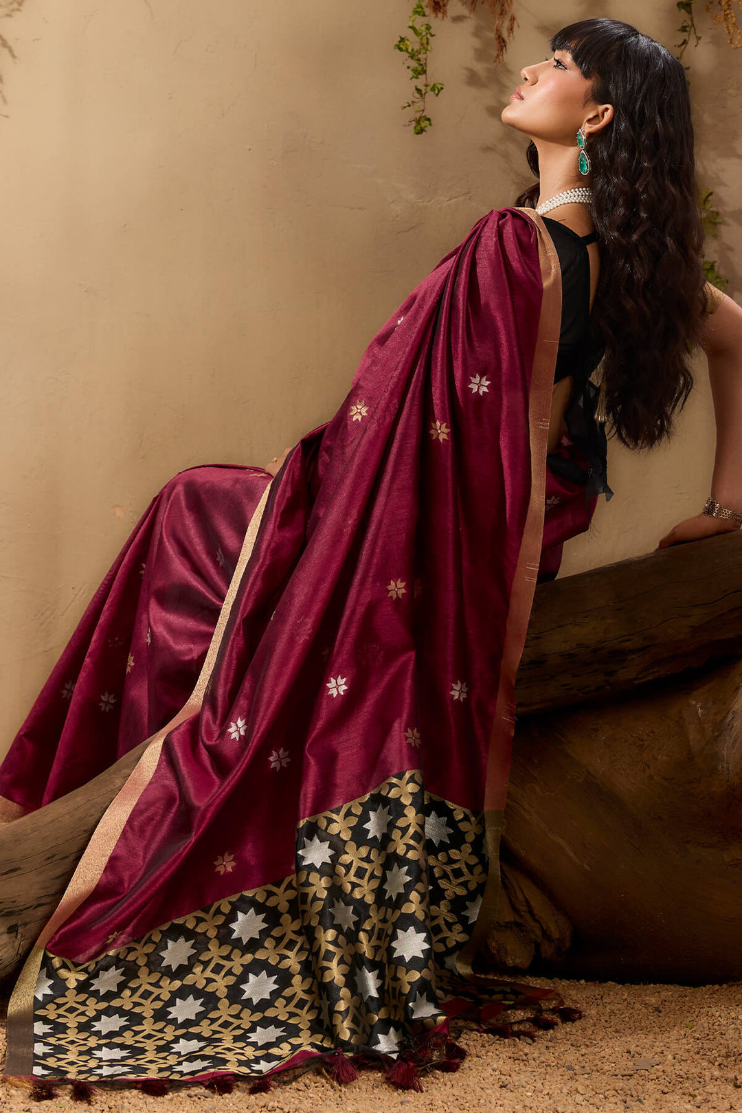 Rosewood Maroon Woven Tussar Silk Saree