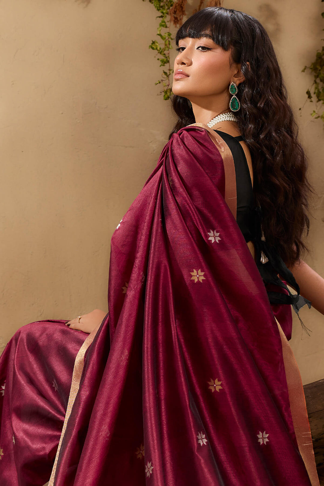 Rosewood Maroon Woven Tussar Silk Saree