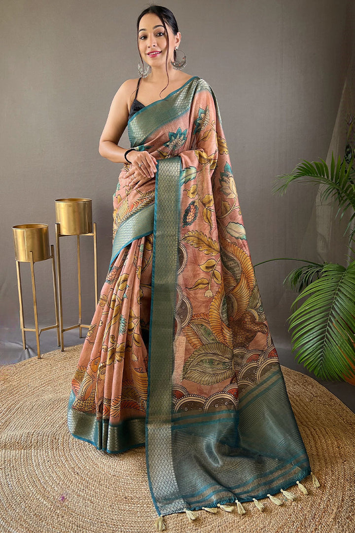 Rosy Brown Kalamkari Printed Tussar silk Saree