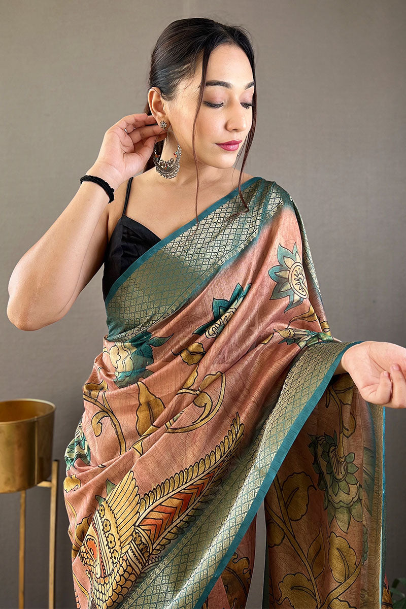 Rosy Brown Kalamkari Printed Tussar silk Saree