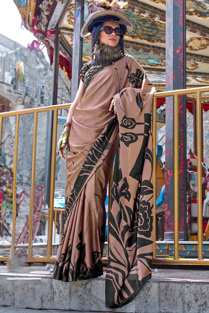 Rosy Brown Printed Satin Silk Saree