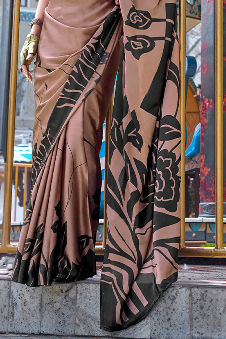 Rosy Brown Printed Satin Silk Saree