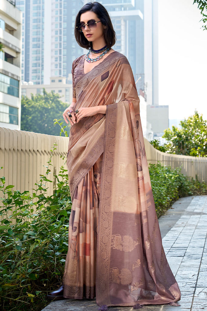 Rosy Brown Zari Woven Printed Soft Silk Saree