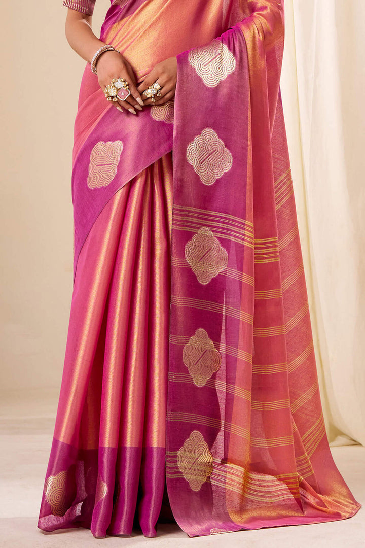 Rosy Pink Banarasi Tissue Silk Saree