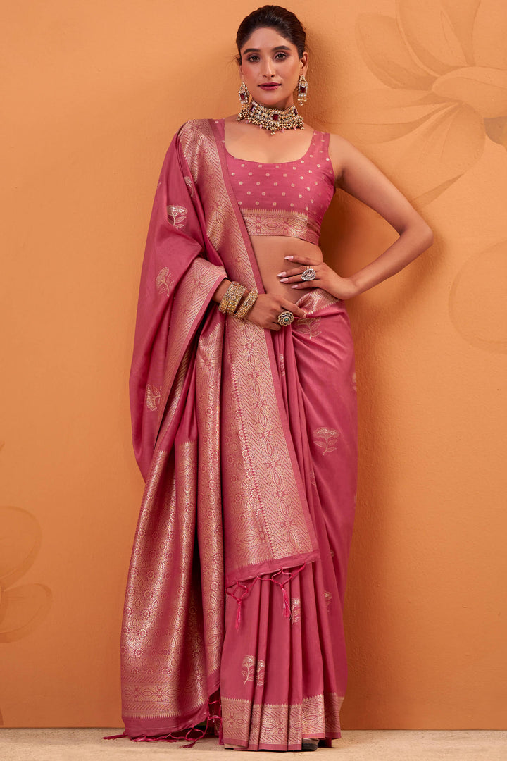 Rosy Pink Banarasi Tussar Silk Saree