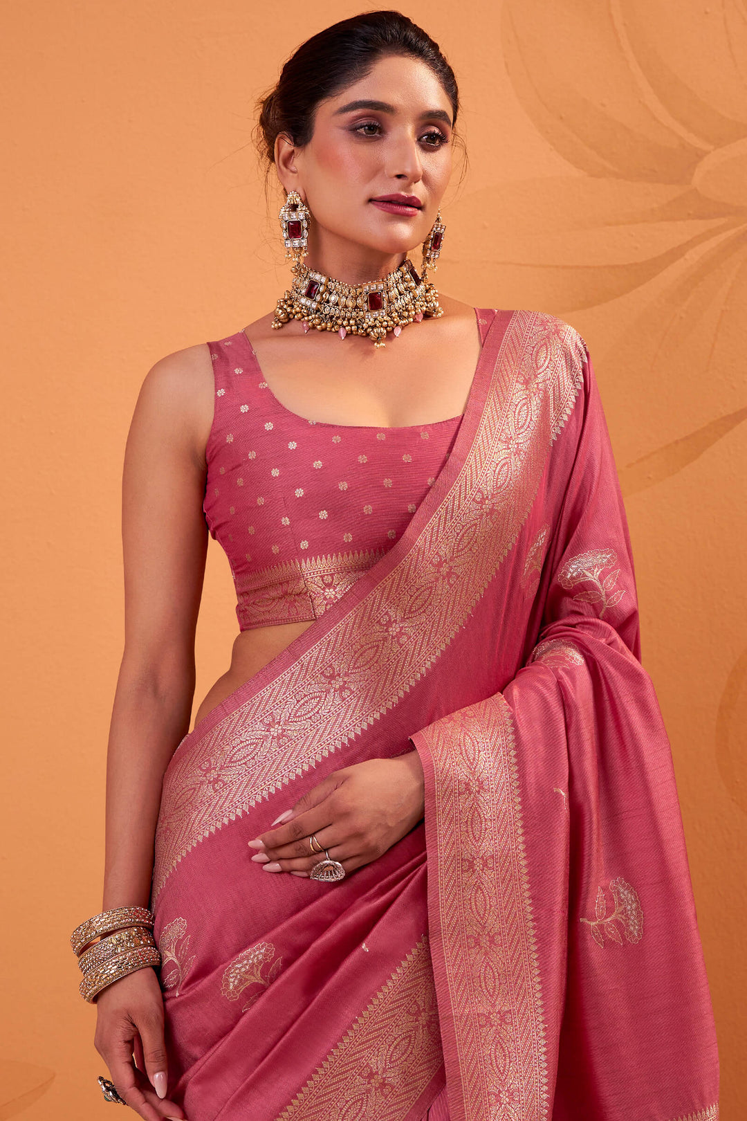 Rosy Pink Banarasi Tussar Silk Saree