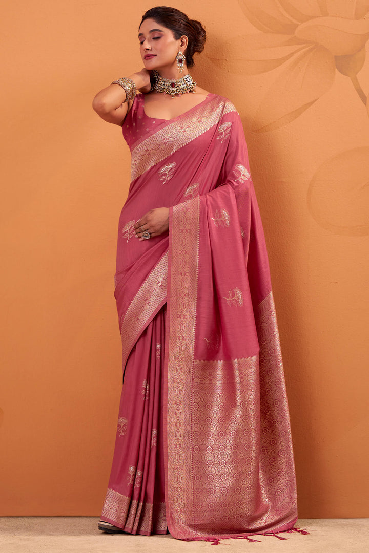 Rosy Pink Banarasi Tussar Silk Saree