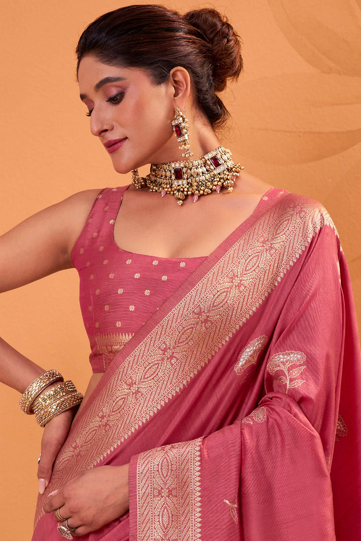 Rosy Pink Banarasi Tussar Silk Saree