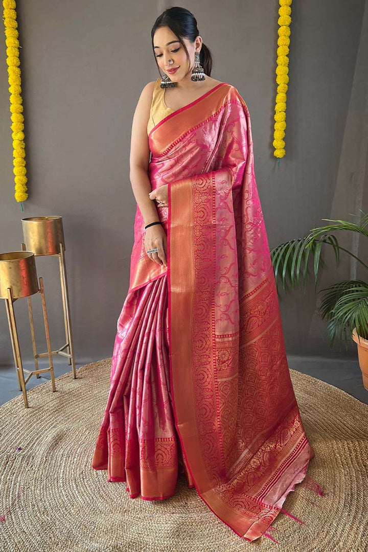 Rosy Pink Kanjivaram Silk Saree