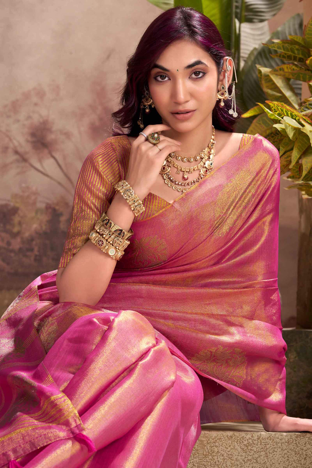 Rosy Pink Tissue Silk Saree