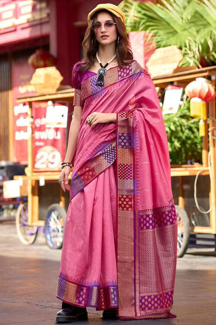 Rosy Pink Woven Soft Banarasi Silk Saree