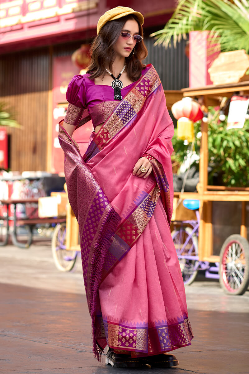 Rosy Pink Woven Soft Banarasi Silk Saree