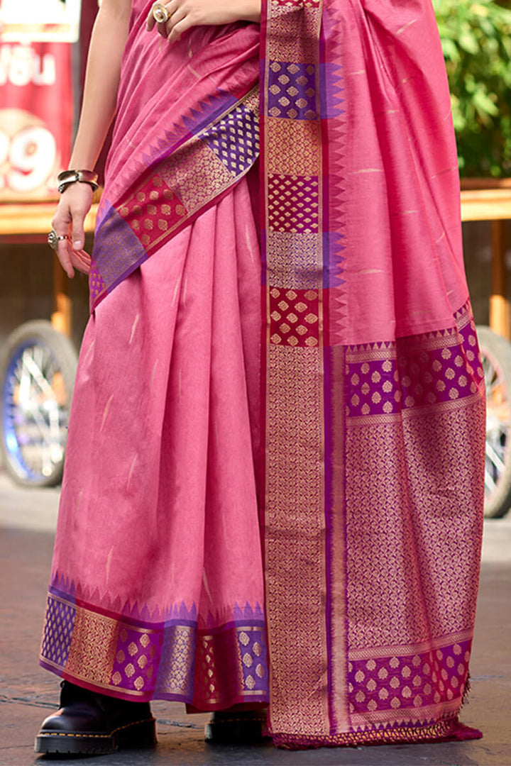 Rosy Pink Woven Soft Banarasi Silk Saree