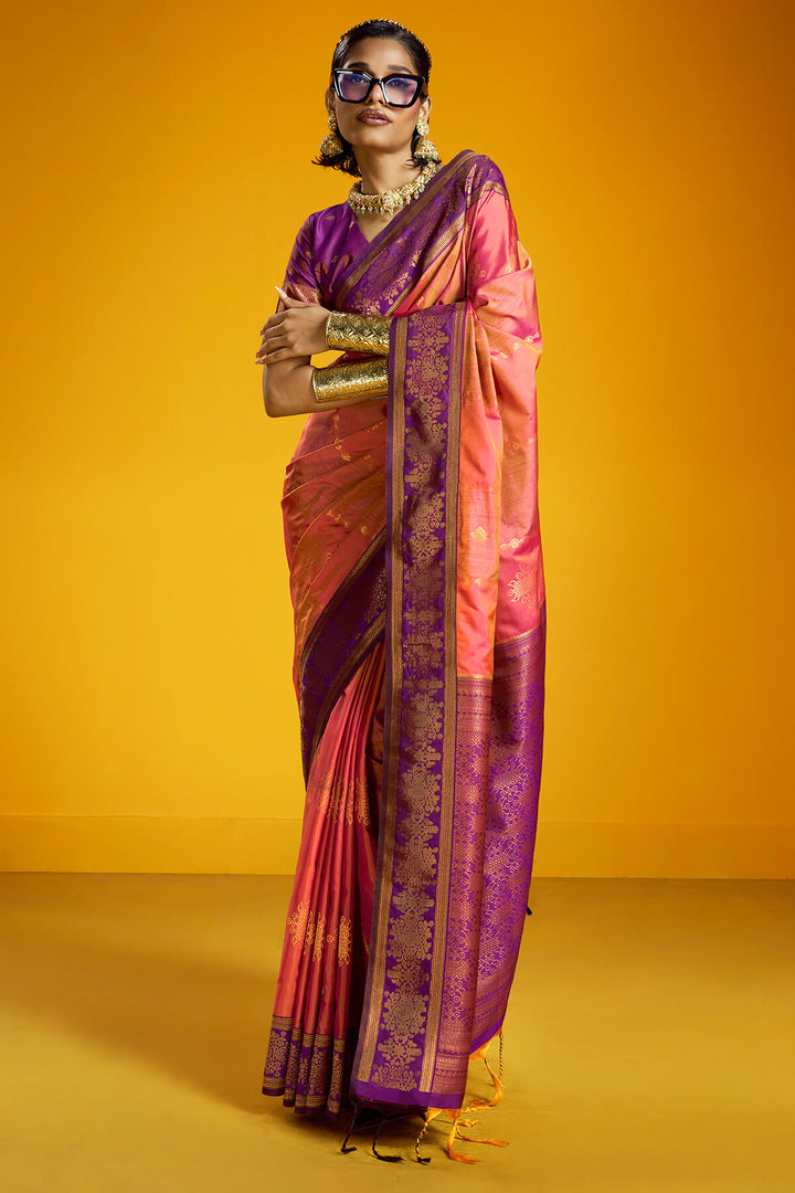 Rosy Pink Zari Handloom Soft Banarasi Silk Saree