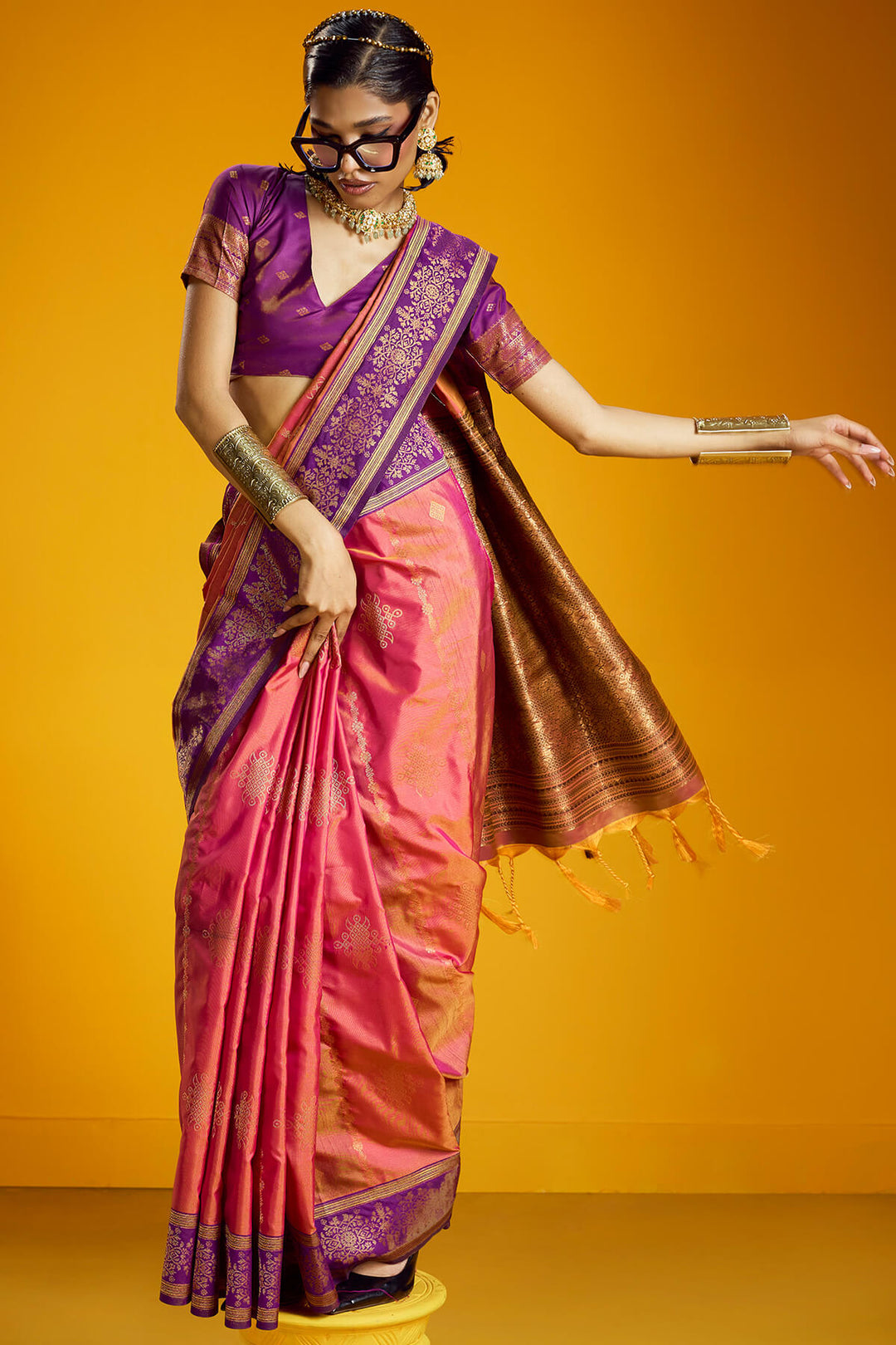 Rosy Pink Zari Handloom Soft Banarasi Silk Saree