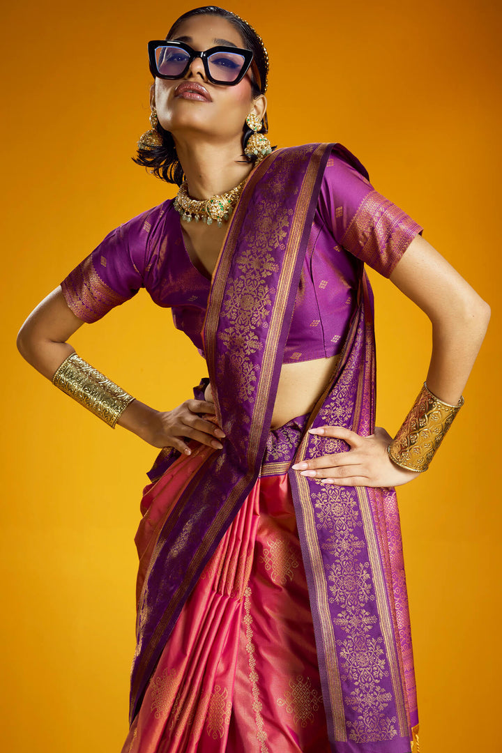 Rosy Pink Zari Handloom Soft Banarasi Silk Saree