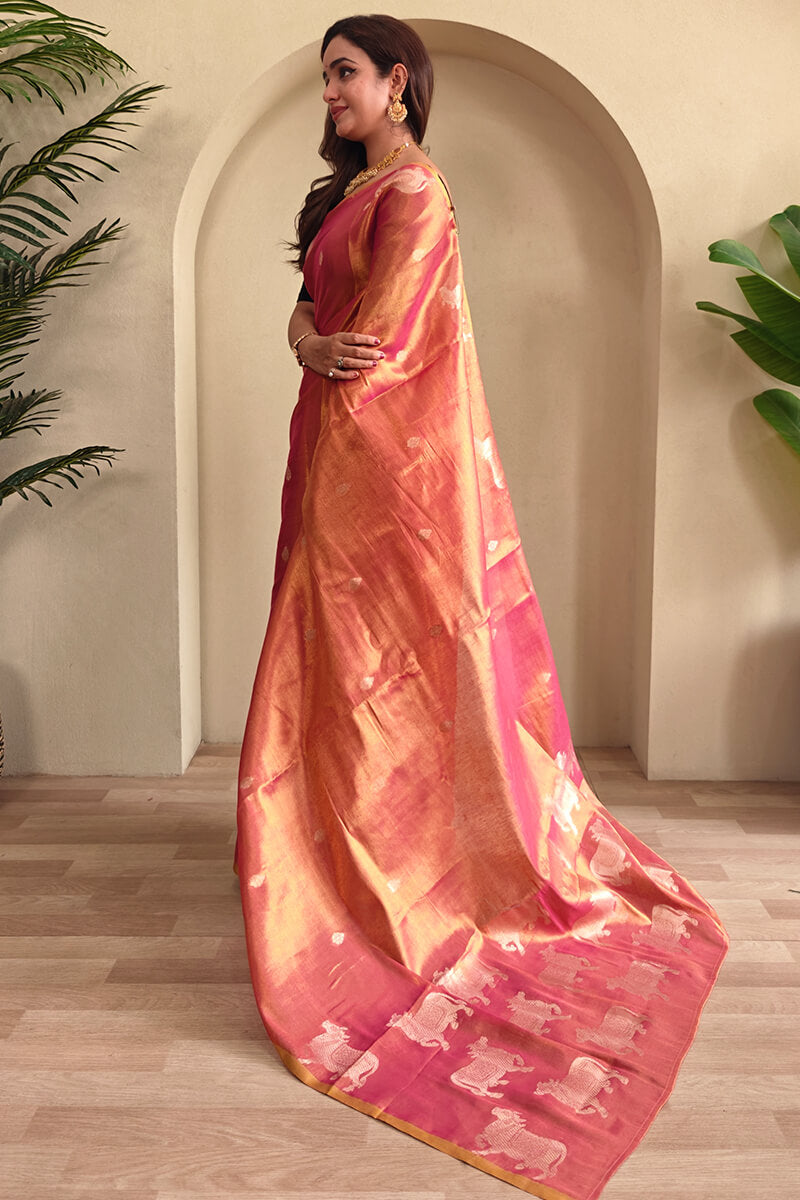 Rosy Pink Zari woven Banarasi Tissue Silk Saree