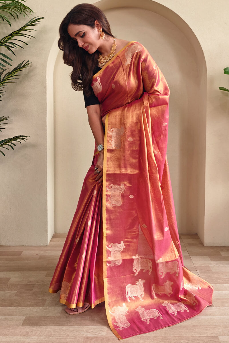 Rosy Pink Zari woven Banarasi Tissue Silk Saree