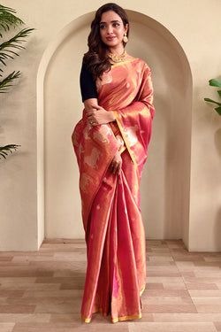 Rosy Pink Zari woven Banarasi Tissue Silk Saree