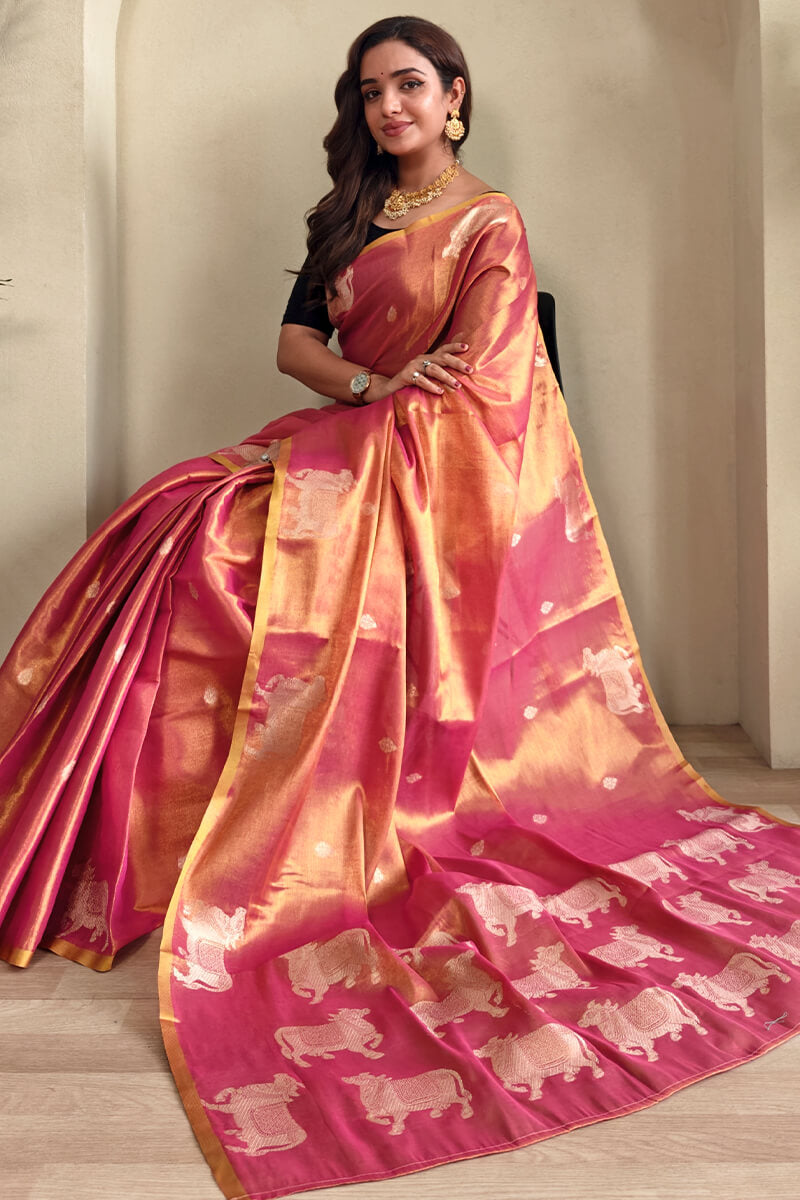 Rosy Pink Zari woven Banarasi Tissue Silk Saree