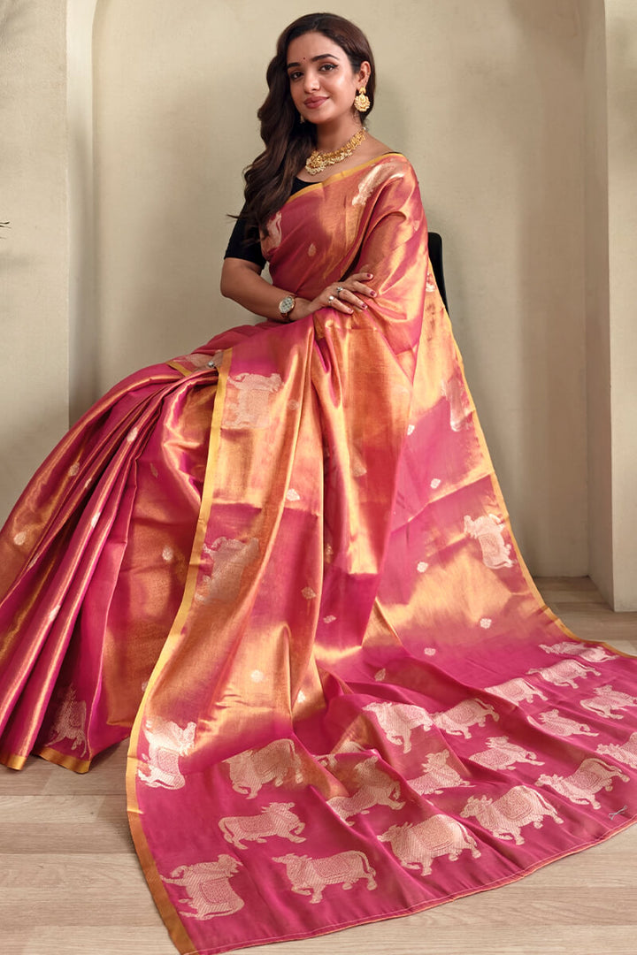 Rosy Pink Zari woven Banarasi Tissue Silk Saree