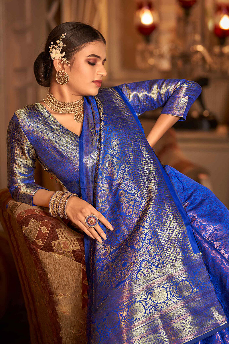 Buy VASTTRAM Women's Kanchipuram Banarasi Lichi Silk Saree With Plain Blouse  (Royal blue Colour) at Amazon.in