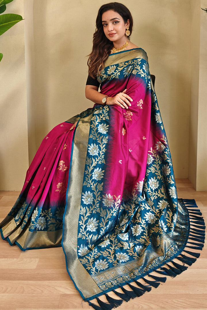 Royal Fuchsia Pink Banarasi Silk Saree with Designer Chaap Border