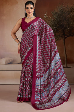 Royal Maroon Ajrakh Printed Satin Crepe Silk Saree