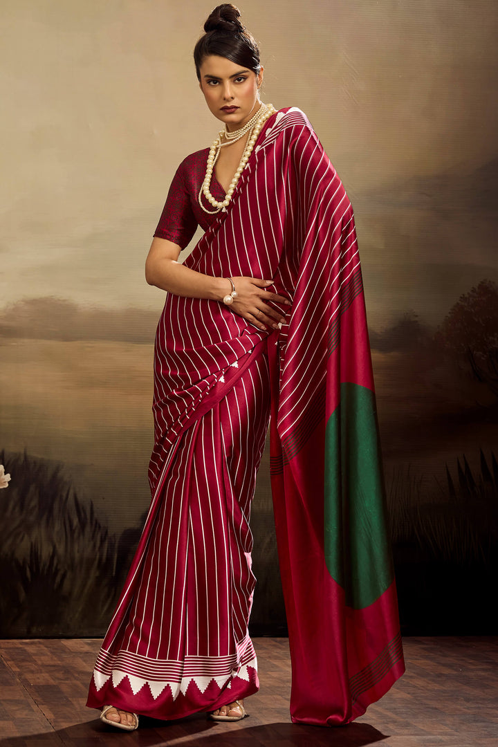 Royal Maroon Ajrakh Printed Satin Silk Saree