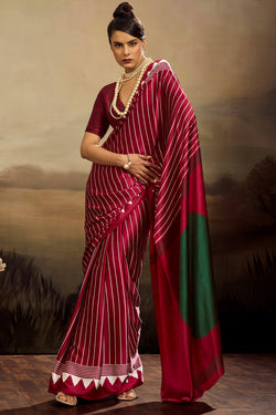 Royal Maroon Ajrakh Printed Satin Silk Saree