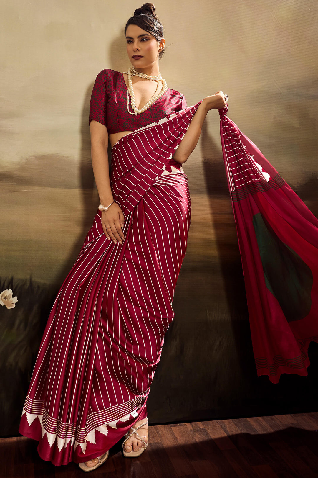 Royal Maroon Ajrakh Printed Satin Silk Saree