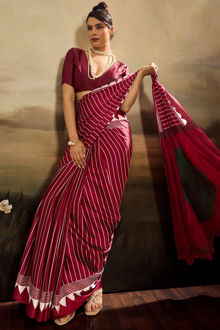 Royal Maroon Ajrakh Printed Satin Silk Saree