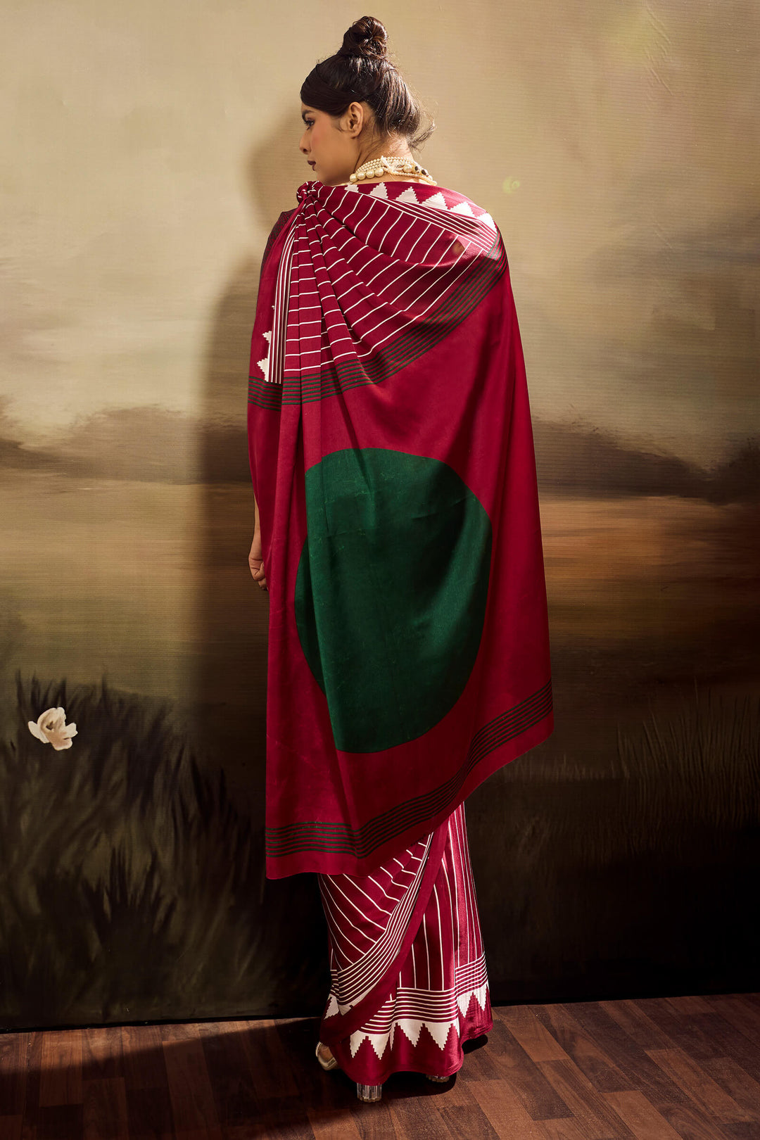 Royal Maroon Ajrakh Printed Satin Silk Saree