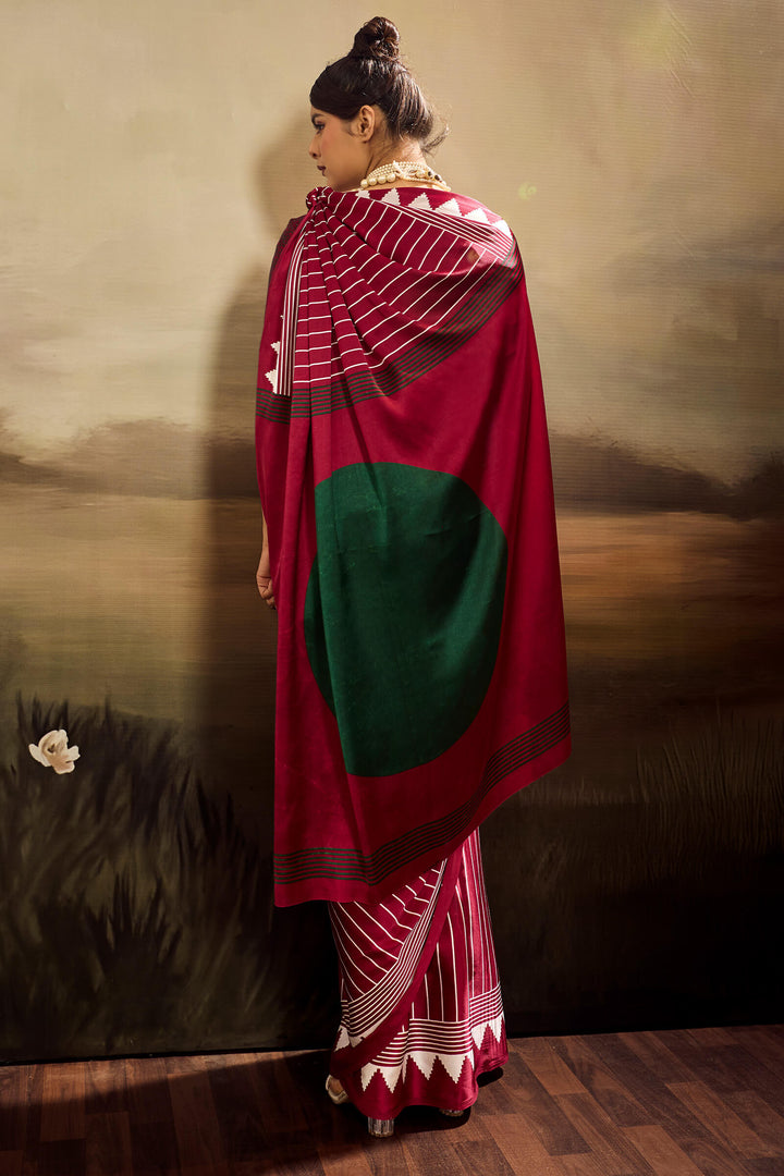 Royal Maroon Ajrakh Printed Satin Silk Saree